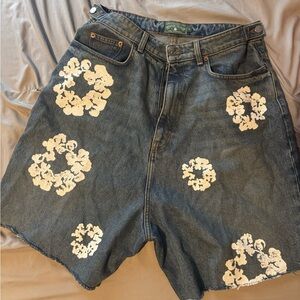 Men's Denim Shorts with White Floral Patterns